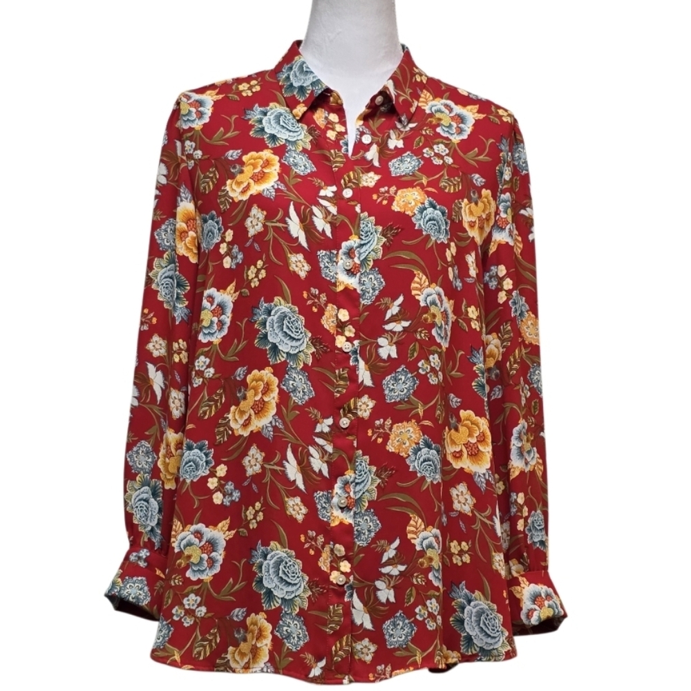 LOFT Red Orange Medium Flowers, Button Down Blouse, Size Large